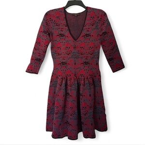 Marchesa Voyage Thick Knit Dress – Jacquard Skater Style, Deep V, Small